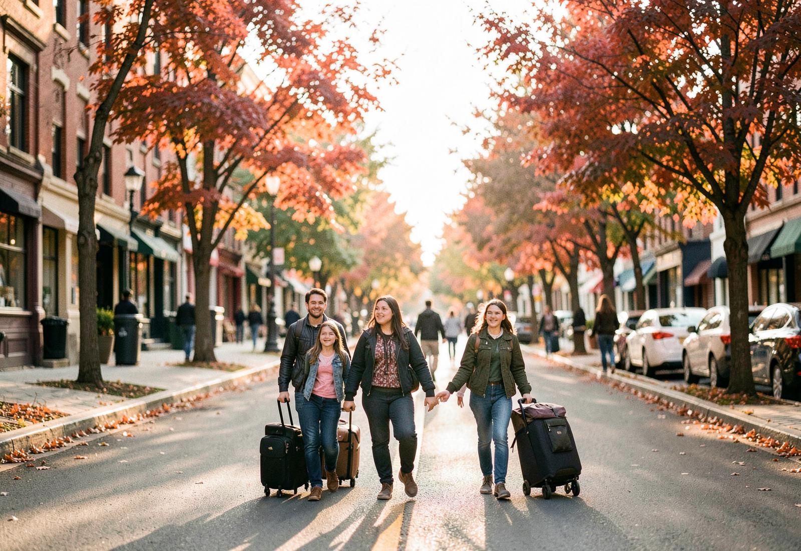A family arriving in a Canadian city street on an autumn afternoon